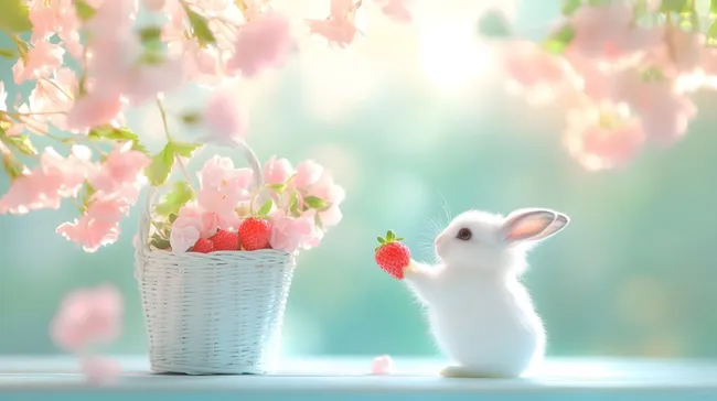 Bezaubernde Frühlingsszene mit weißem Hasen und Erdbeeren