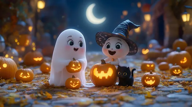 Bezaubernde Halloween-Szene mit Kürbissen und Geistern