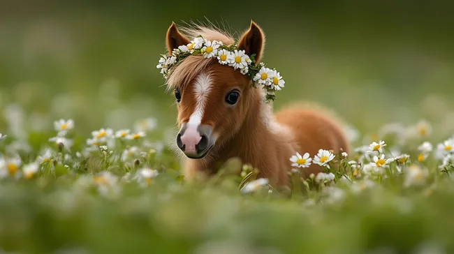Bezauberndes Fohlen mit Blumenkranz in idyllischer Blumenwiese
