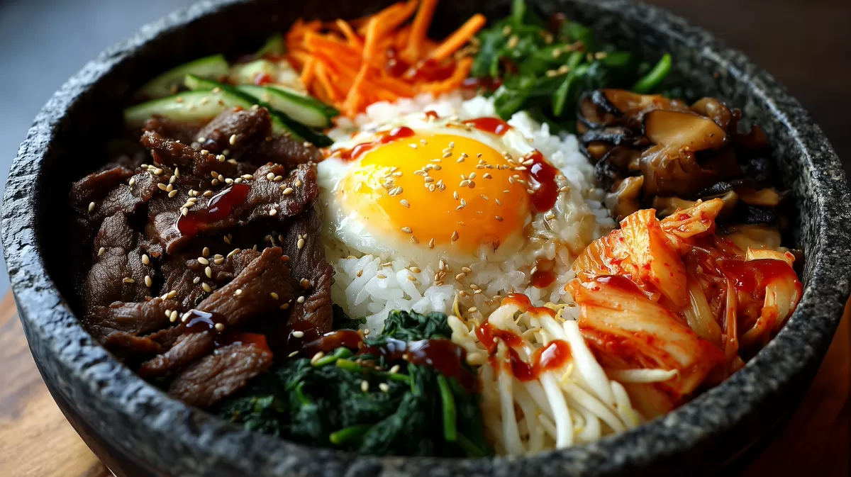 Bibimbap mit Rind und Ei im heißen Steinnapf