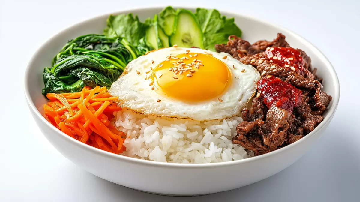 Bibimbap mit Rind und Ei in weißer Schüssel