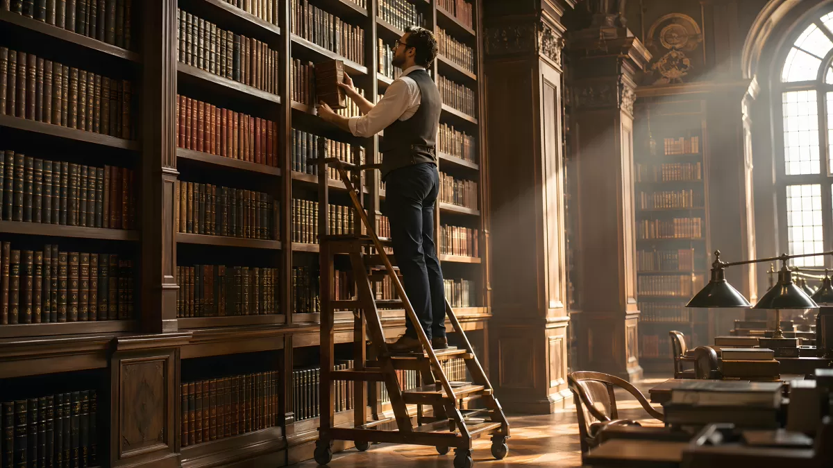 Bibliothekar auf Leiter greift nach altem Buch
