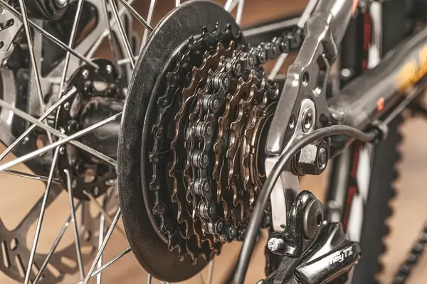 Bicycle gears cassette and chain on bike, close up