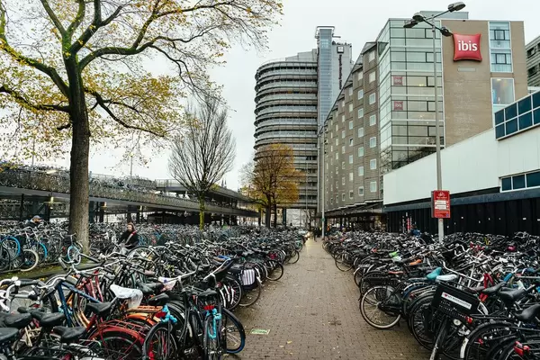 Bicycle parking at the Amsterdam’s main station with miriad of bikes parked