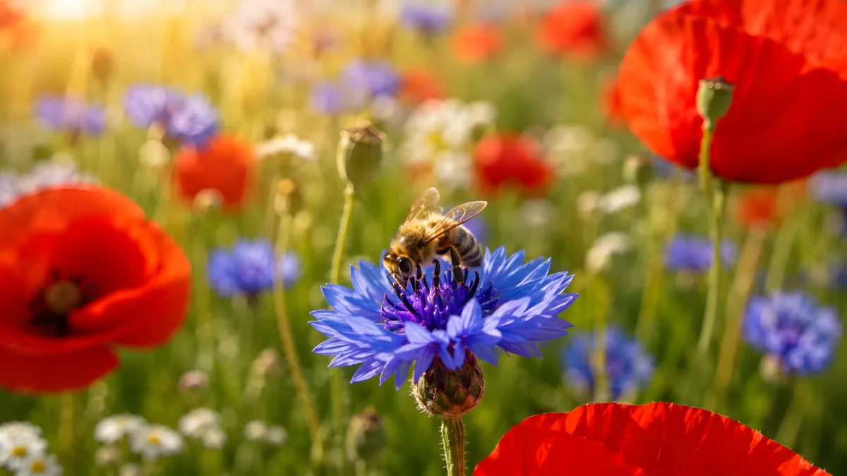 Biene auf Kornblume in bunter Sommerwiese