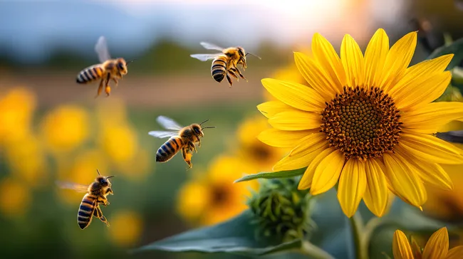 Bienen umschwärmen sonnige Sonnenblumenblüte