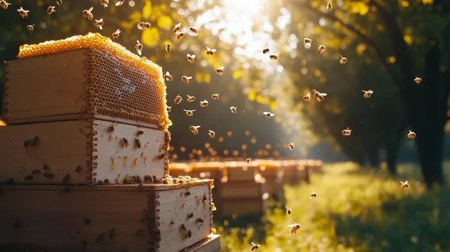 Bienenvölker in der Morgensonne - Honiggewinnung bei Sonnenaufgang