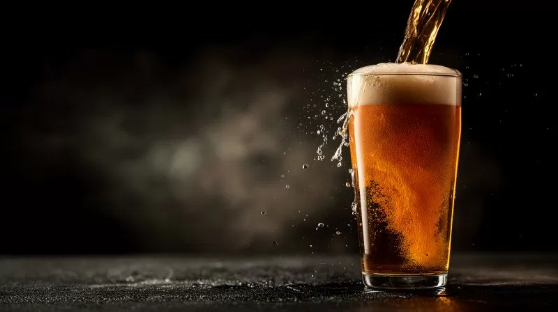 Bier mit Schaum wird in Glas gegossen auf dunklem Hintergrund