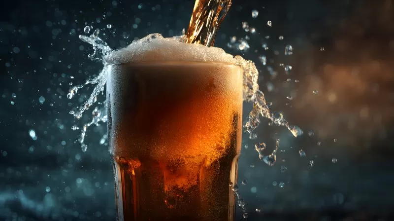 Bier spritzt beim Einschenken in Glas mit kühlem Licht