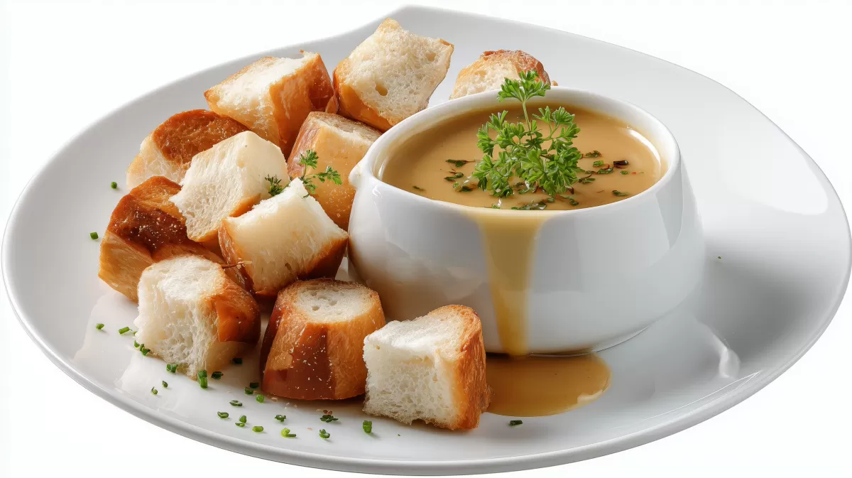 Bier Teig Fondue mit Brot-Würfeln auf weißem Teller