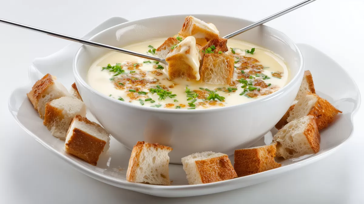 Bier Teig Fondue mit gerösteten Brotwürfeln