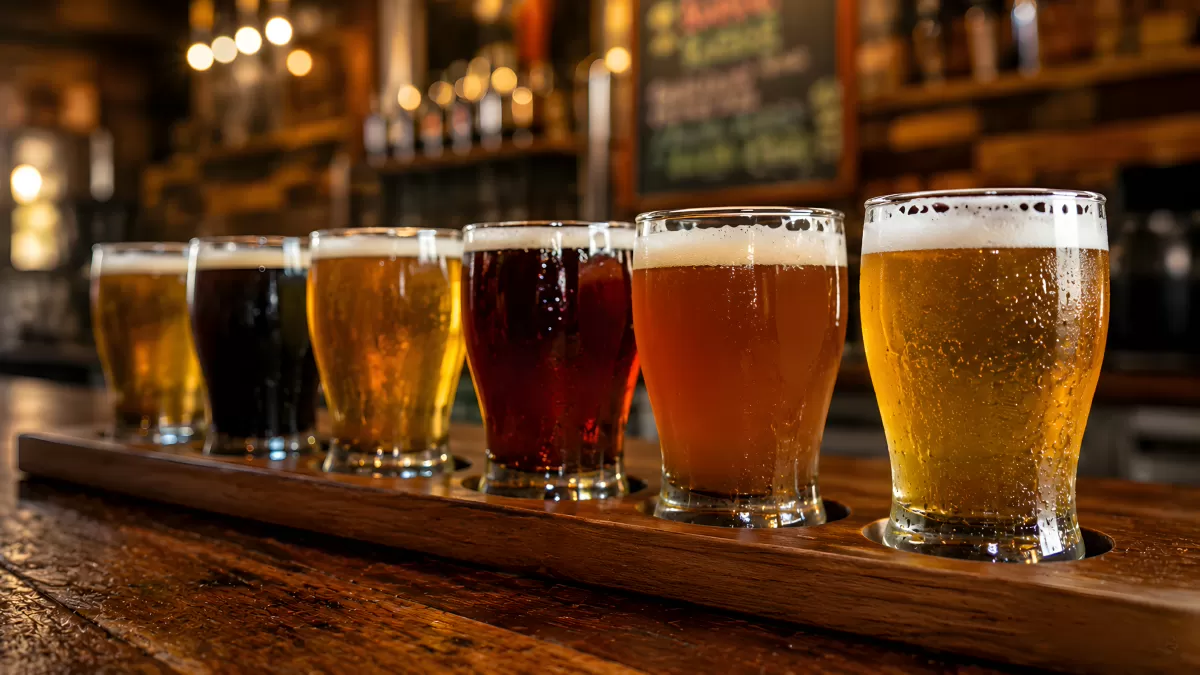 Bierflight mit sechs Sorten auf Holzbrett in Bar