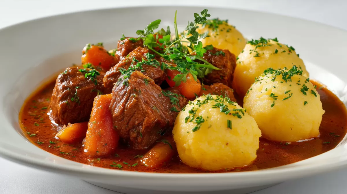 Biergulasch mit Kartoffelknödeln in dunkler Soße