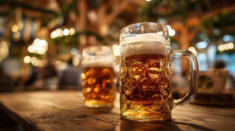 Bierkrüge auf Tisch beim Oktoberfest mit unscharfem Hintergrund