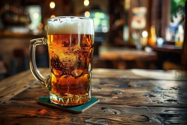 Bierkrug mit aufschäumender heller Flüssigkeit