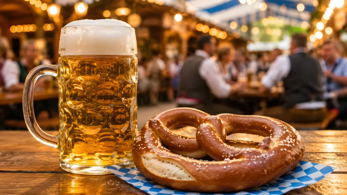 Bierkrug und Brezel auf Holztisch beim Oktoberfest