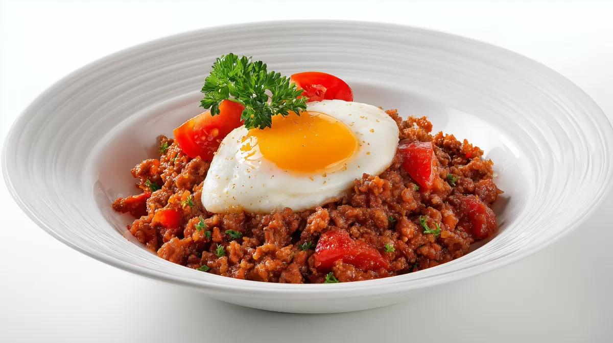 Bifteki Hackplätzchen aus dem Ofen mit Spiegelei