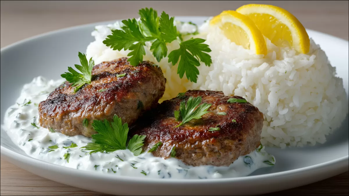 Bifteki mit Reis und Tzatziki auf weißem Teller
