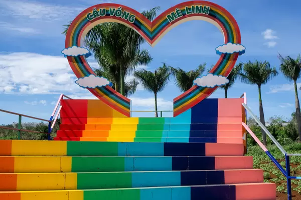 Big Heart in Rainbow Colors with Painted Stairs leading to it at Me Linh Cafe in Da Lat, Vietnam