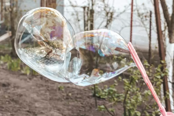 Big soap bubbles are blown out