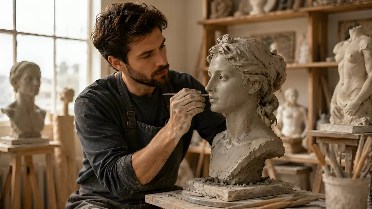 Bildhauer arbeitet an klassischer Tonskulptur im Atelier