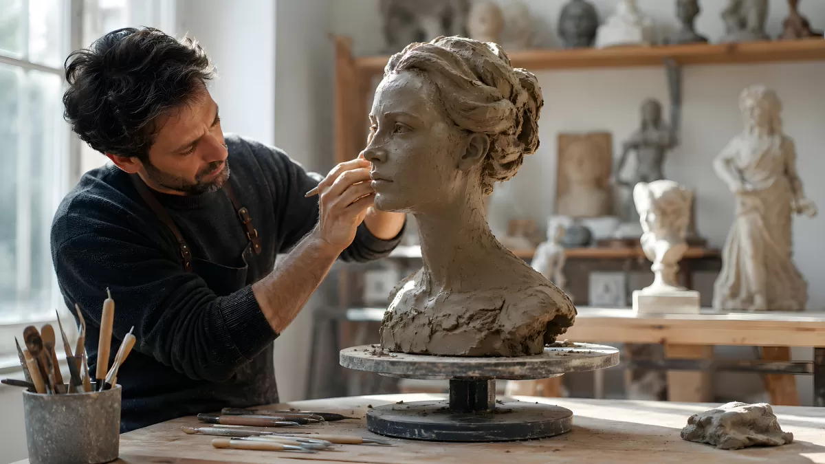Bildhauer formt detailliertes Tonporträt im Atelier