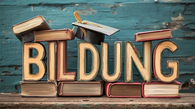 Bildungssymbole auf rustikaler Holzoberfläche