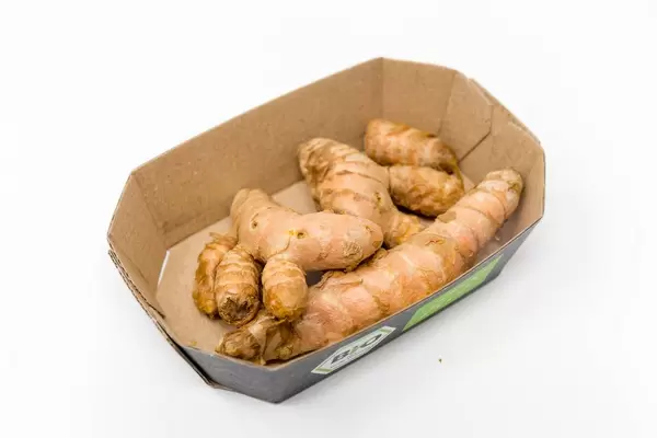 Bio Kurkuma Wurzeln in einer Papierschale