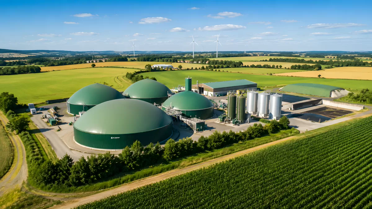 Biogasanlage aus der Vogelperspektive inmitten grüner Felder