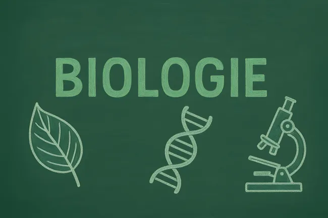 Biologiesymbole auf grüner Tafel mit Mikroskop und DNA