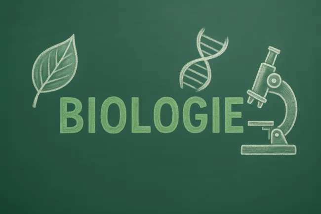 Biologieunterricht mit Blatt, DNA-Struktur und Mikroskop auf Tafel