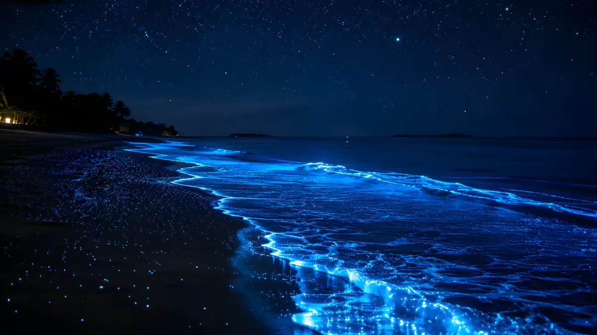 Biolumineszenz am Strand unter dem Sternenhimmel