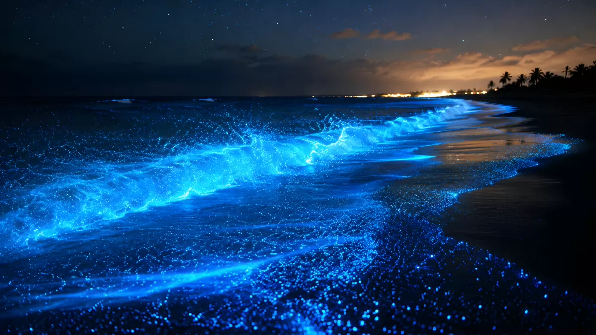 Biolumineszenz leuchtet in blauen Wellen am Nachtstrand