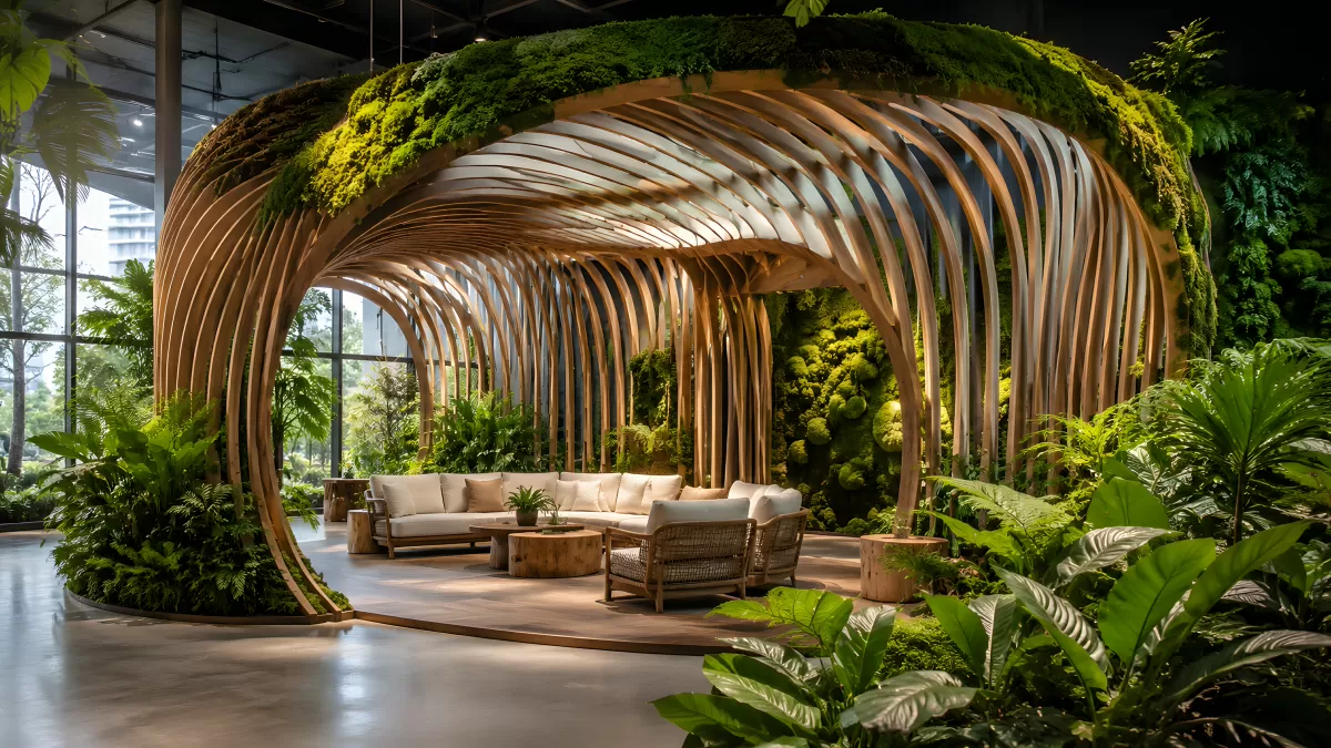 Biophiles Lounge-Design mit Holzbogen und Grünwänden