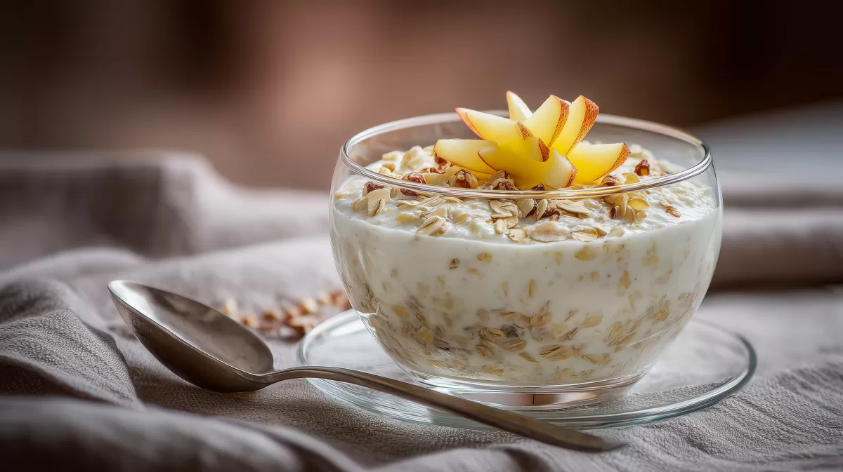 Bircher Dickmilch Müsli mit Apfel im Glasschälchen