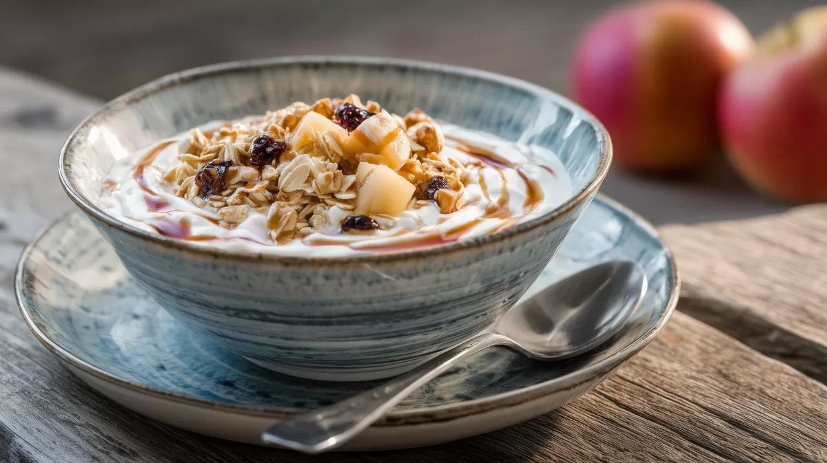 Bircher Müsli mit Apfelmus in blauer Keramikschüssel
