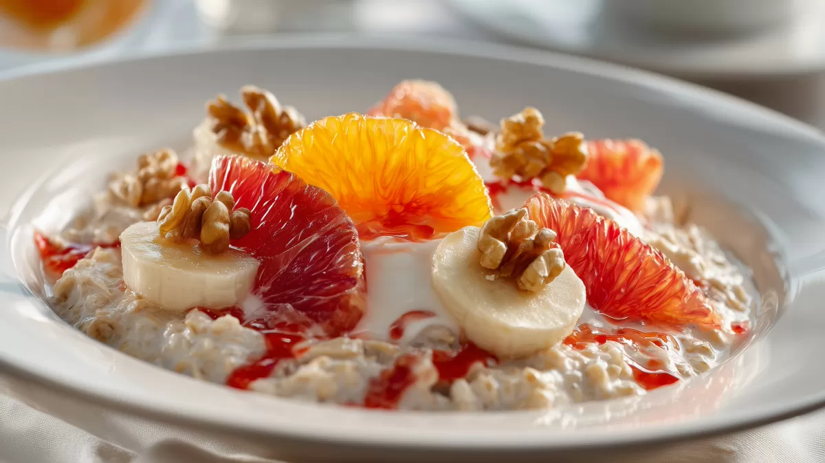 Bircher Müsli mit Blutorangen, Banane und Walnüssen