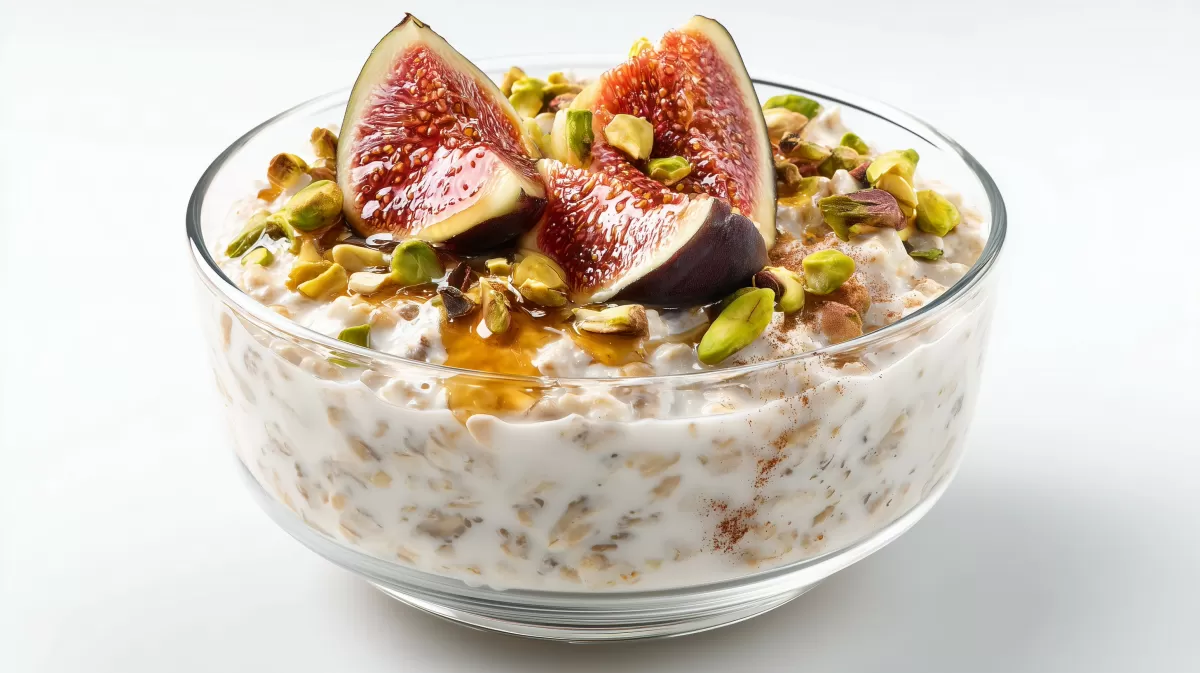 Bircher Müsli mit Pistazien und Feigen in Glasschüssel