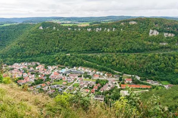 Bird eye picture of the German city of Honau underneath Lichtenstein Castle and surrounding landscape