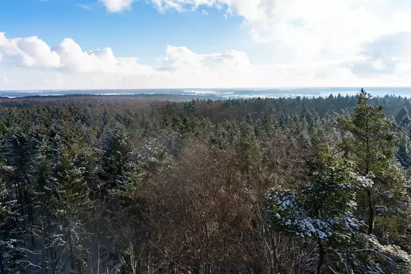 Bird-eye view of Hahnneide forrest in winter with frozen lakes in background