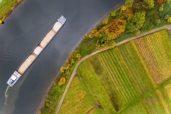 Bird View Drone Photo of River Barge Vessel carrying Sand on River Moselle along Vineyards in Bremm, Germany