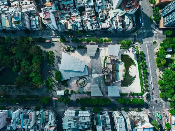 Bird View Drone Photo of the abandoned Performance Art Theatre at 23/9 Park in District 1 in Ho Chi Minh City, Vietnam
