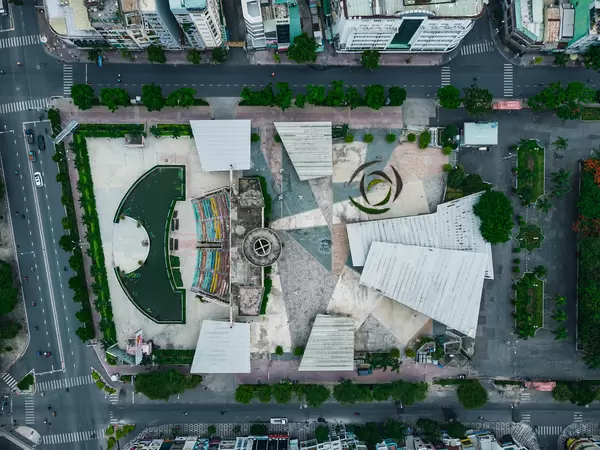 Bird View Drone Shot of abandoned Performance Art Theatre and Asiana Food Town at 23/9 Park in Ho Chi Minh City, Vietnam