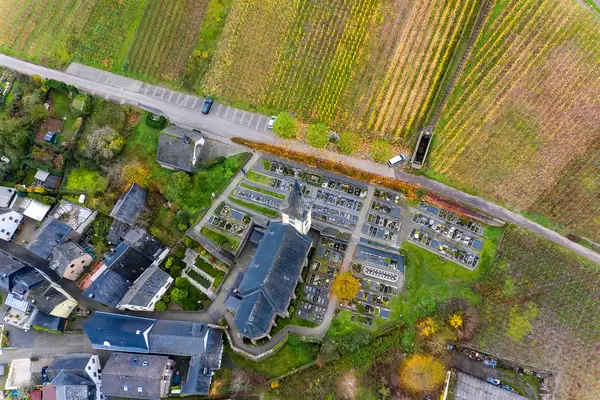Bird View Photo of Saint Lawrence Church and Vineyards in Municipality Bremm in Cochem-Zell district in Rhineland-Palatinate, Germany