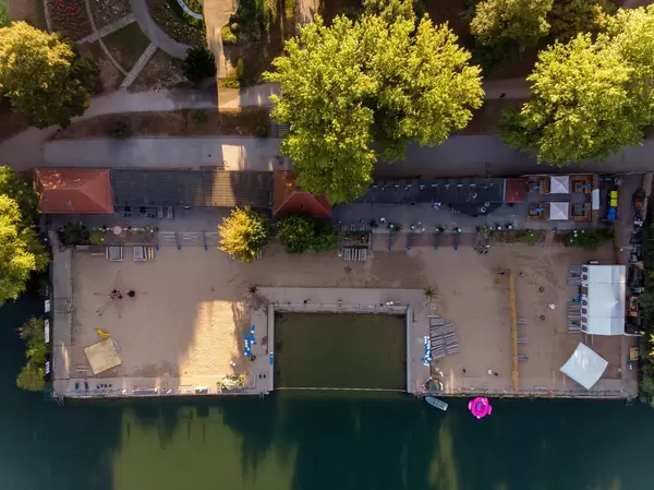 Bird's eye view of bathing beach Weißensee in Berlin