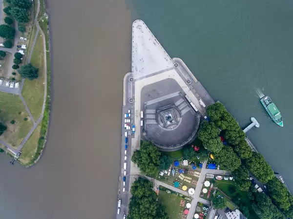 Bird's eye view of Deutsches Eck. Mosel river joins the Rhine