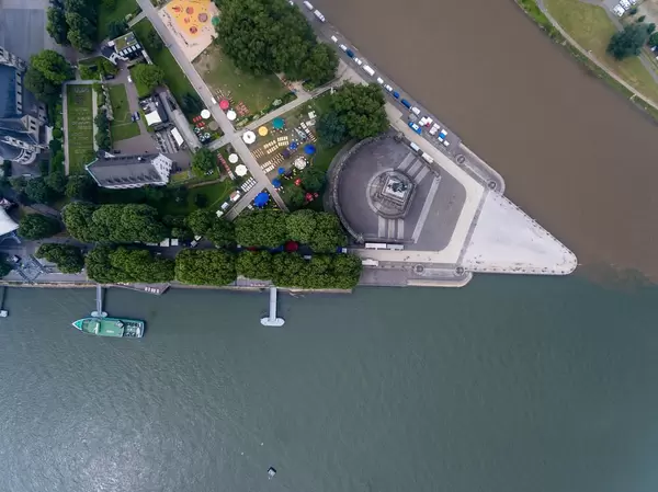Bird's eye view of Ludwig Museum and Mahnmal der Deutschen Einheit (Deutsches Eck Koblenz)