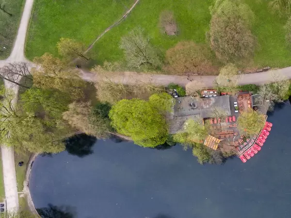 Bird's eye view of paddleboats at the pond in Volksgarten in Cologne
