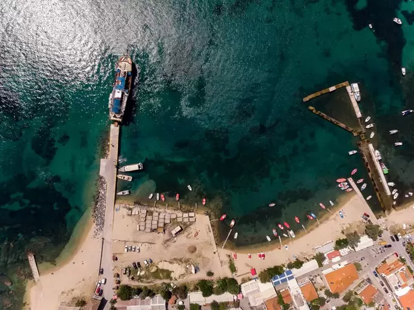 Bird's eye view of pier in Ouranoupoli, Greece