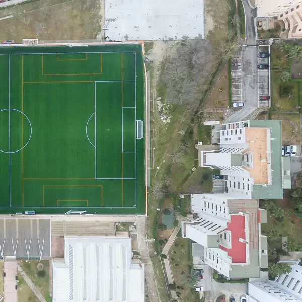 Bird's eye view of soccer stadium Campo de Futbol Magaluf, Mallorca